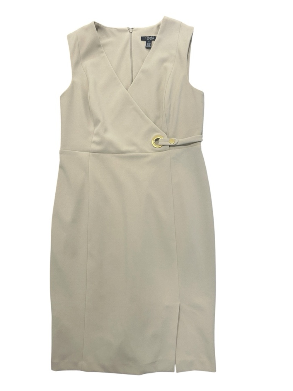 Chaps Beige Wrap-Style Sheath Dress w/ Gold Hardware – Sleeveless, Knee Length